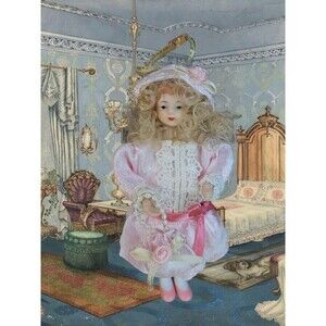 Miniature Victorian Girl Porcelain Doll Poseable Arms Legs Pink Dress 7" Decor